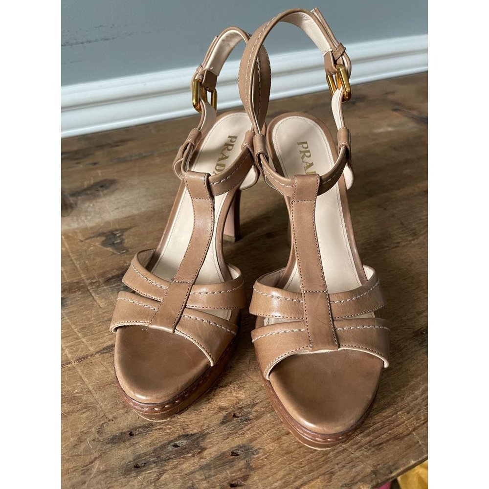 PRADA T Strap Platform Whipstitch Leather Sandals